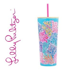 NEW Lilly Pulitzer Splashdance 24oz Insulated Tumbler Cup Straw Gold Lid